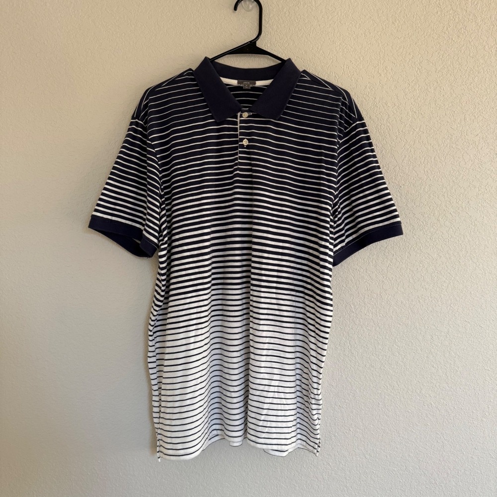 Vince Mens XL Navy Blue White Striped Gradient Cotton Polo Shirt Casual Preppy